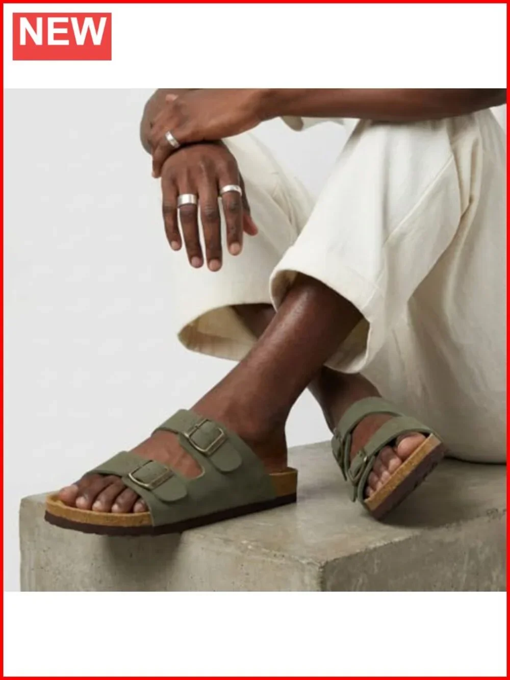 Cork Footbed Mens Sandals Adjustable Buckle Comfort Slides Genuine Leather
